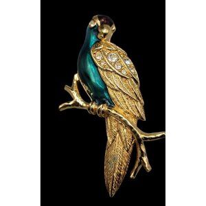 Avon Falcon Brooch Enameled Rhinestone Gold Tone Perching Bird Pin Signed